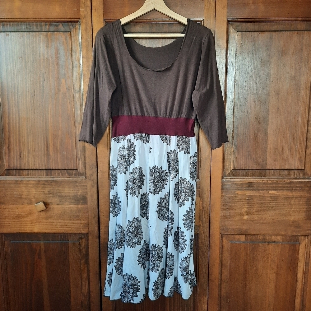 Handmade Boho Hippie Festival Brown Floral Print Elbow Length Sleeve Midi Dress